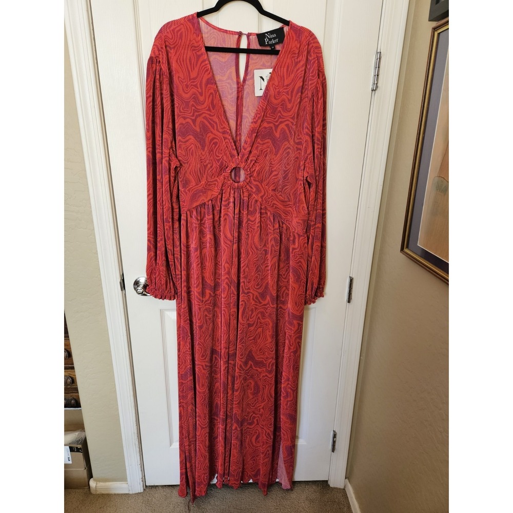 NWT Nina Parker Printed Keyhole Pleated Long Sleeve Orange/Pink Prism Design 2X